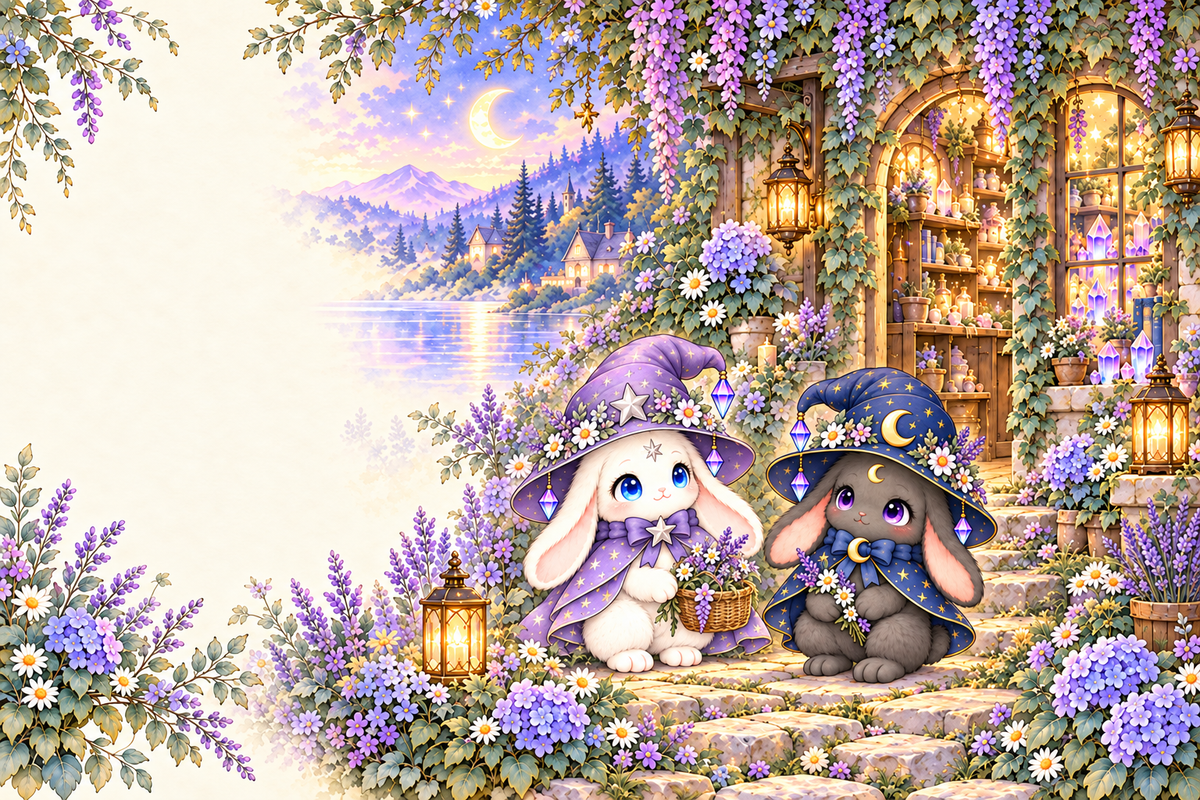 Lumi and Nyx beside their magical cottage, with Lumi’s corrected six-point forehead star.