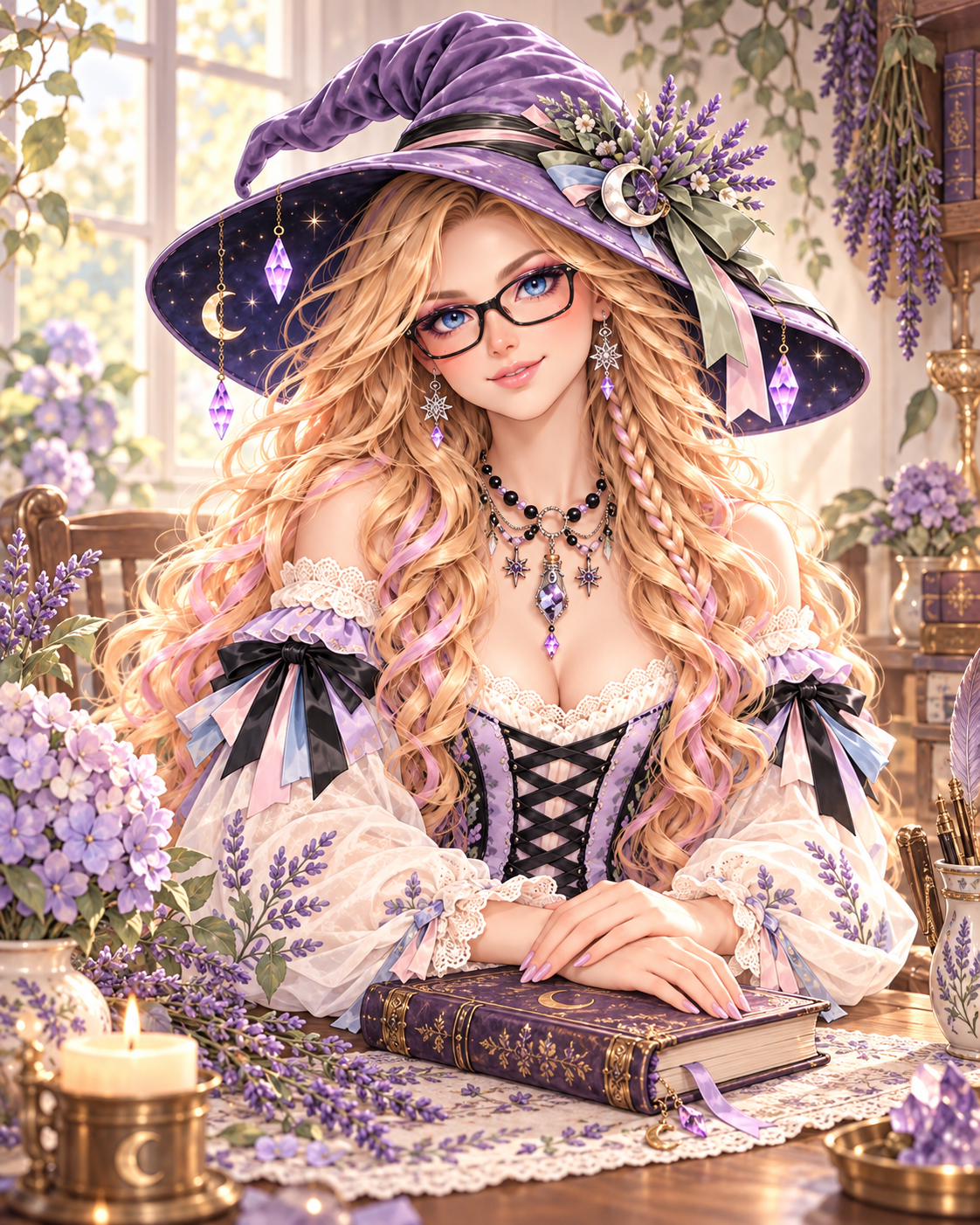 Cassie, High Priestess of Cottontail Coven, smiles beside her journal in a welcoming cottage nook.
