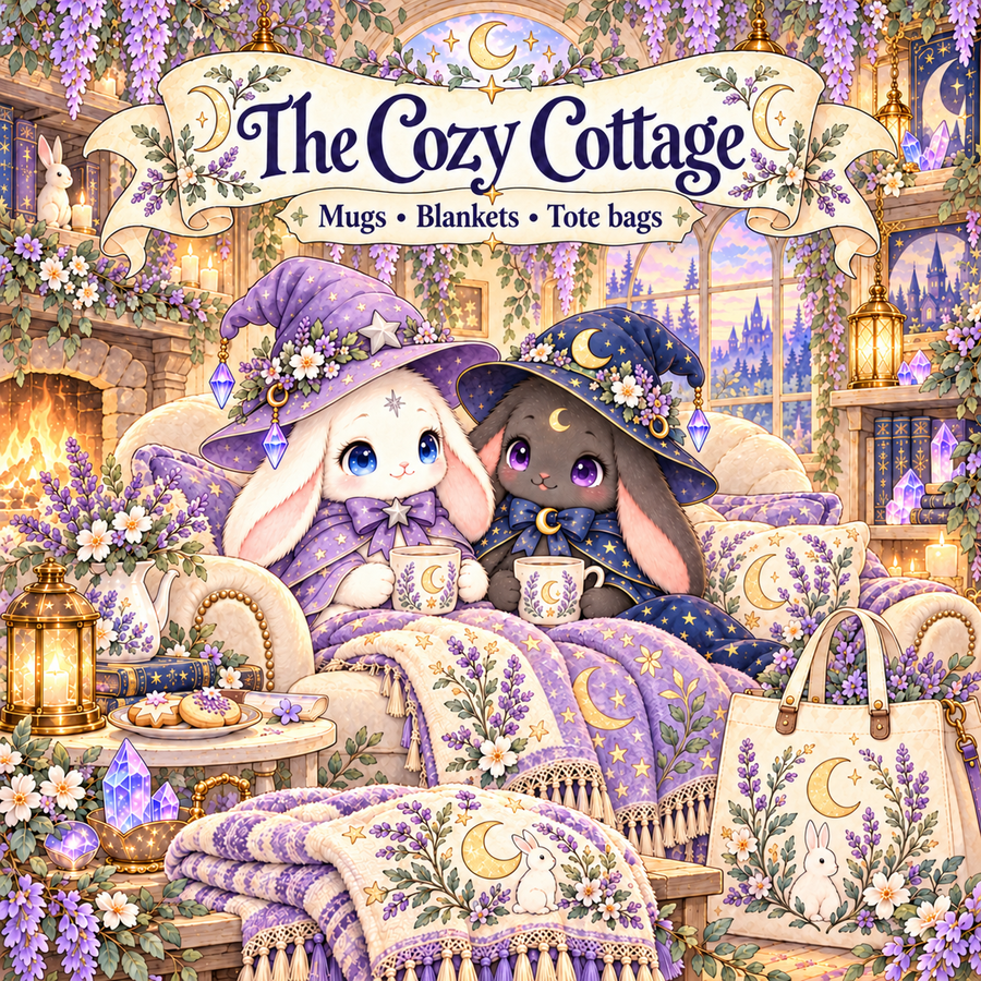 The Cozy Cottage: Mugs, blankets, tote bags.