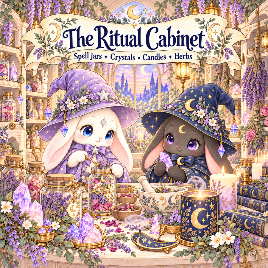 The Ritual Cabinet: Spell jars, crystals, candles, herbs.